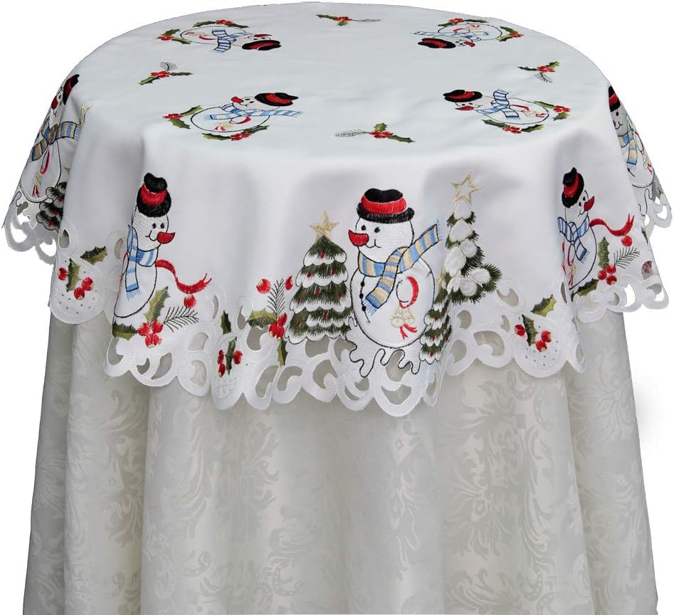 Creative Linens Mantel bordado navideño con muñeco de nieve y árbol de Navidad, 33 pulgadas, decoración redonda blanca