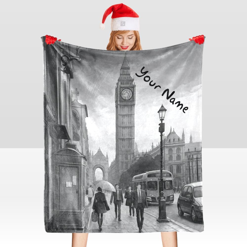CUXWEOT Manta personalizada con texto del nombre, manta personalizada de forro polar súper suave del Big Ben de Inglaterra, Londres, para sofá, cama
