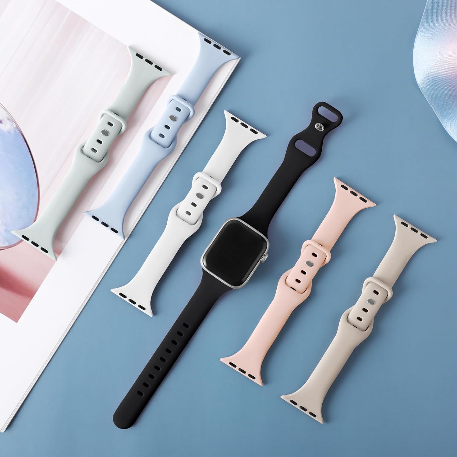 Paquete de 6 correas delgadas compatibles con Apple Watch de 1.496 in 1.575 in 1.614 in 1.654 in 1.732 in 1.772 in 1.929 in, correa deportiva de