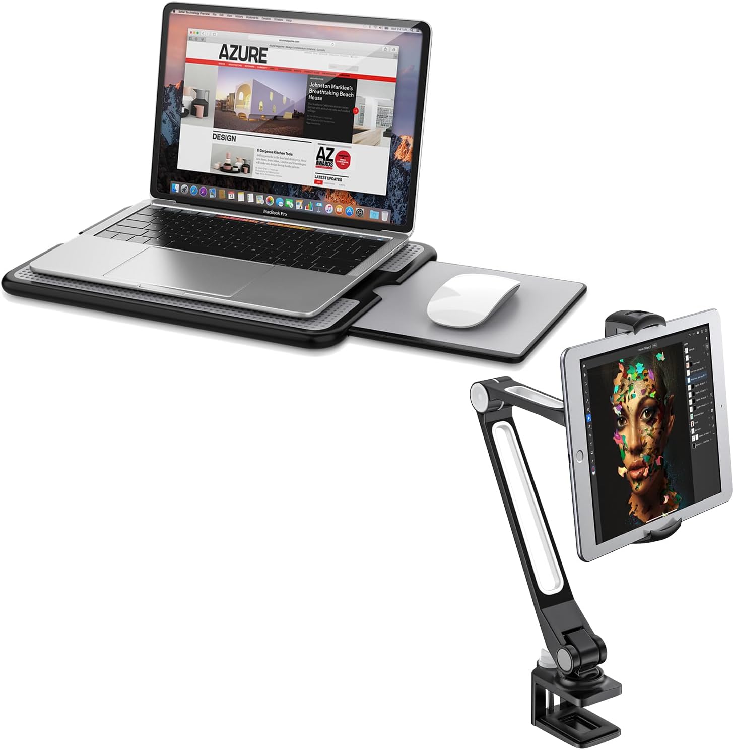 AboveTEK Escritorio portátil de regazo para computadora portátil con bandeja retráctil para mouse pad y brazo giratorio de 360 soporte de aluminio