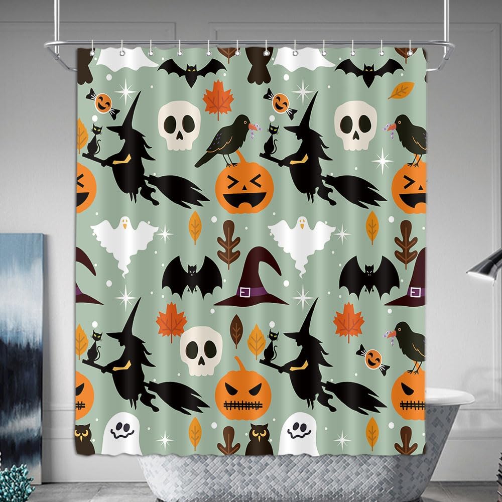 DePhoto Cortina de ducha de Halloween, calabaza, bruja negra, para niños, murciélago, cuervo, hojas de arce, sombrero de mago, calavera, fantasma,