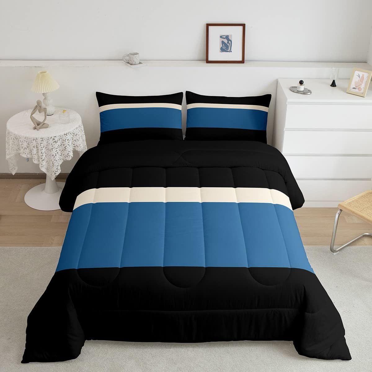 Erosebridal Juego de edredón a rayas negras y azules para niños, tamaño individual, juego de ropa de cama de rayas de retazos azul marino para