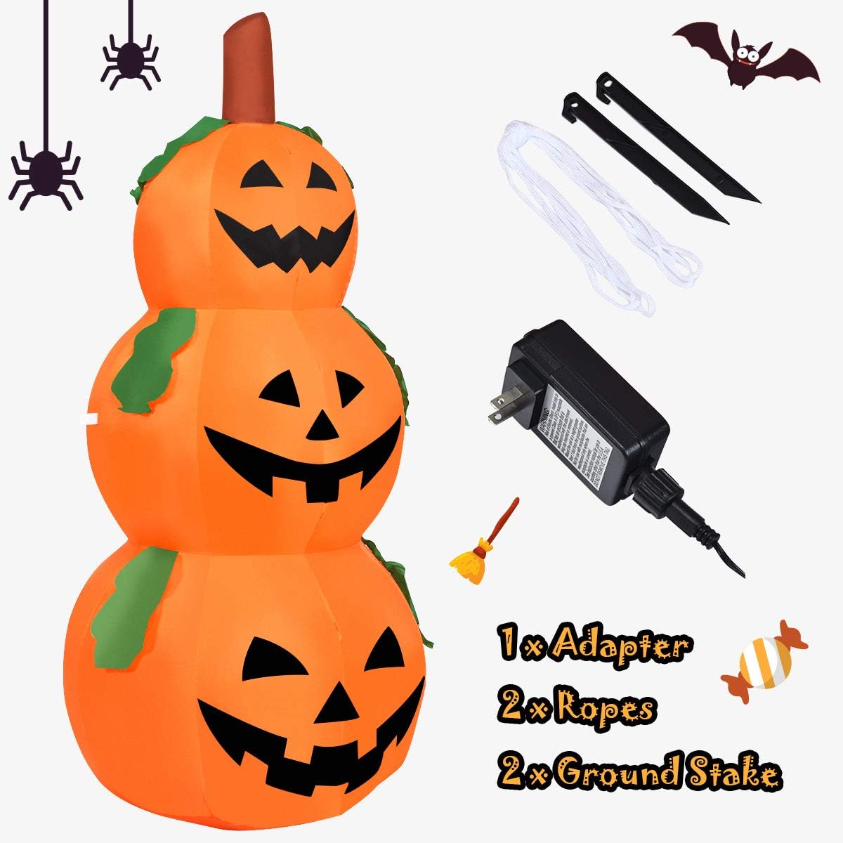 Tangkula Farol inflable de calabaza de 5.2 pies para Halloween, con bombillas LED internas, tela de poliéster 190T y ventilador impermeable,