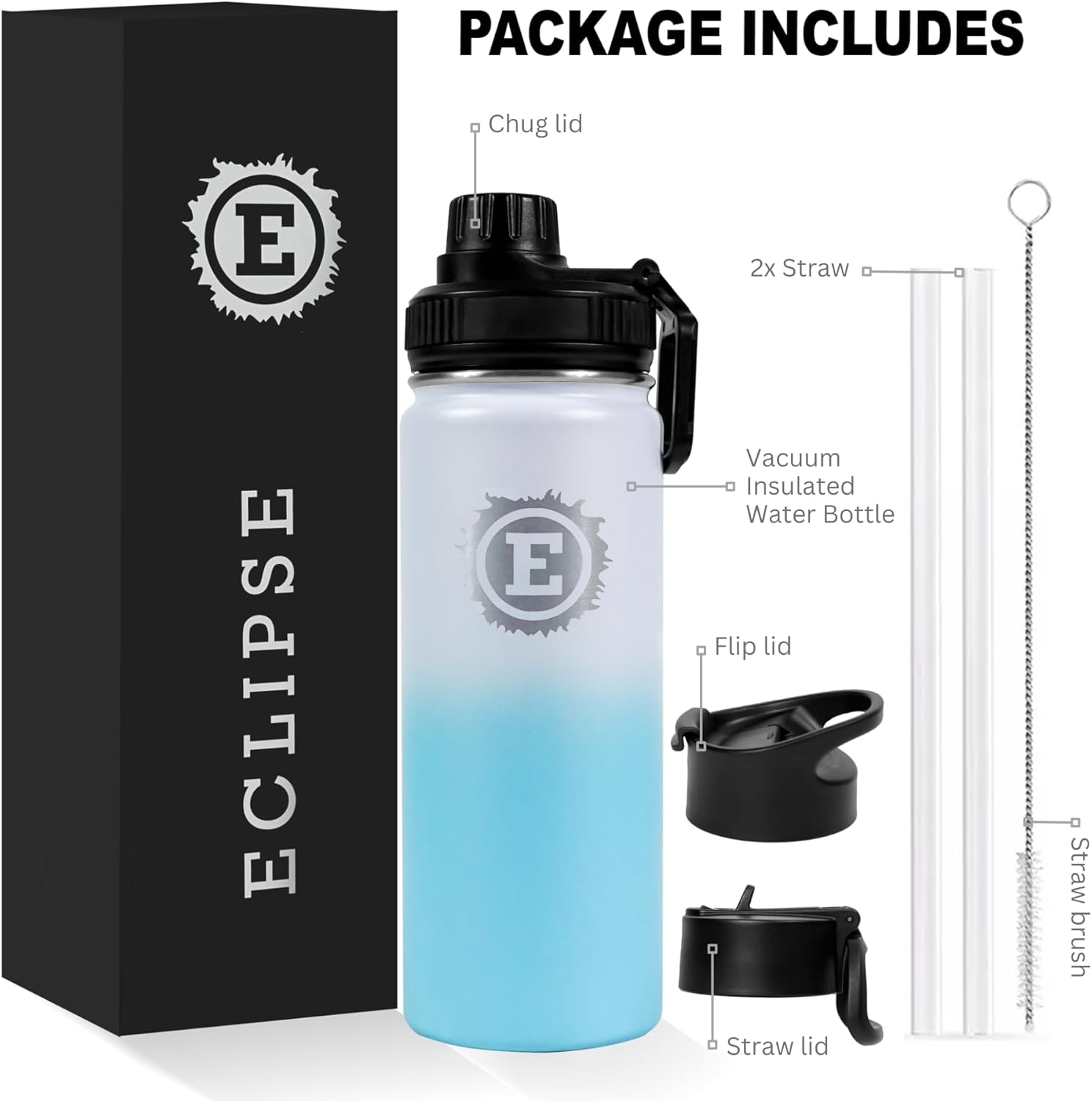 Eclipse Botella de agua deportiva  3 tapas  Tapa con popote, tapa abatible y tapa para beber con asa  Aislamiento de acero inoxidable a prueba de