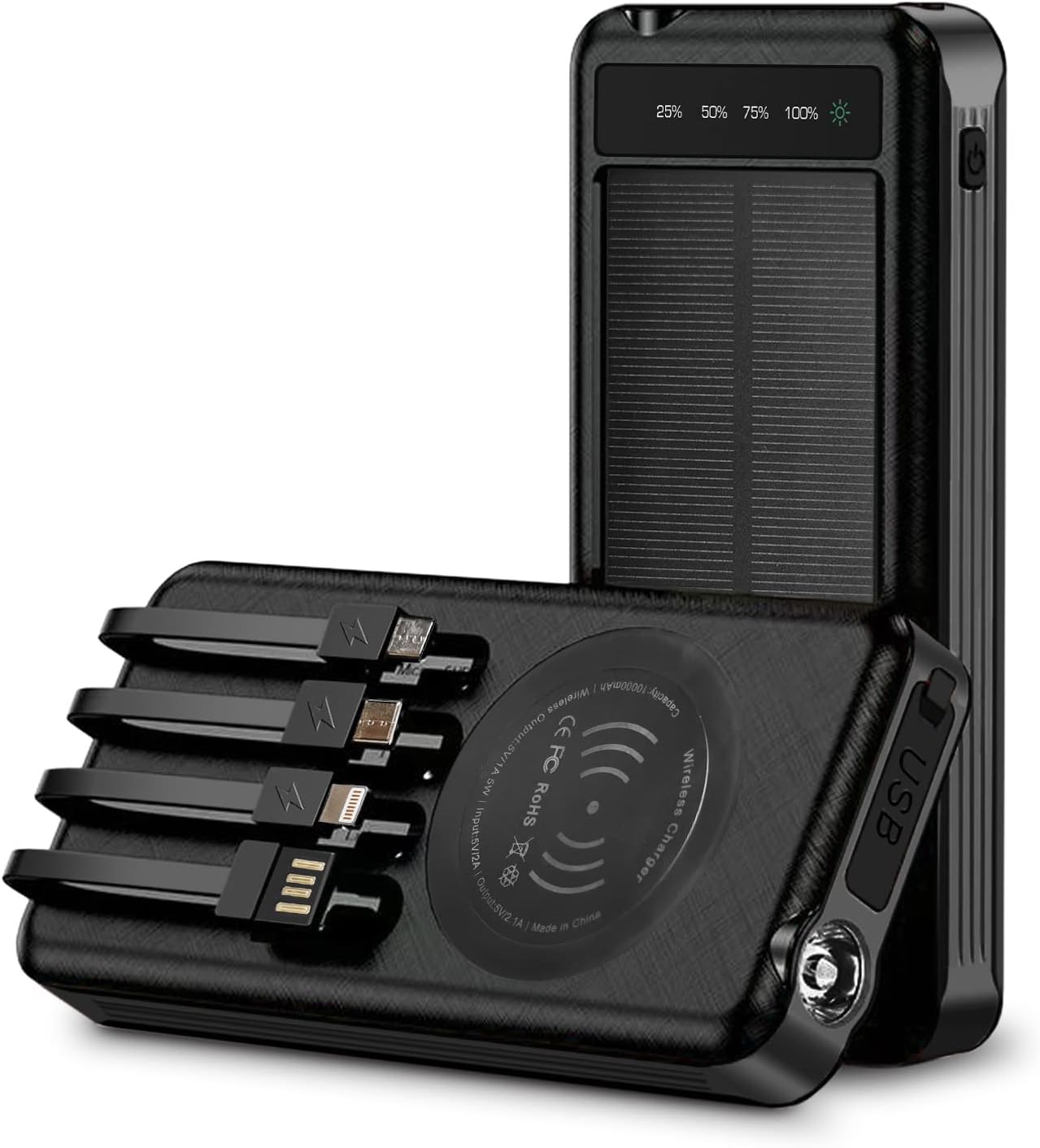Banco de energía portátil solar al aire libre con carga inalámbrica, cables de carga incorporados, batería de 10000 mAh, IP65 impermeable, a prueba