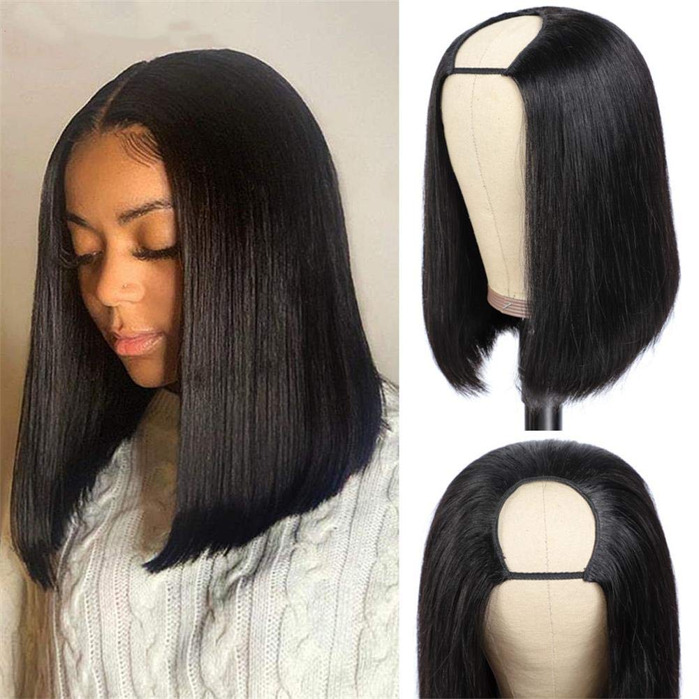 Ali Pearl Pelucas de cabello lacio en U con corte Bob, pelucas de cabello humano brasileño lacio para mujeres negras, sin pegamento, línea capilar