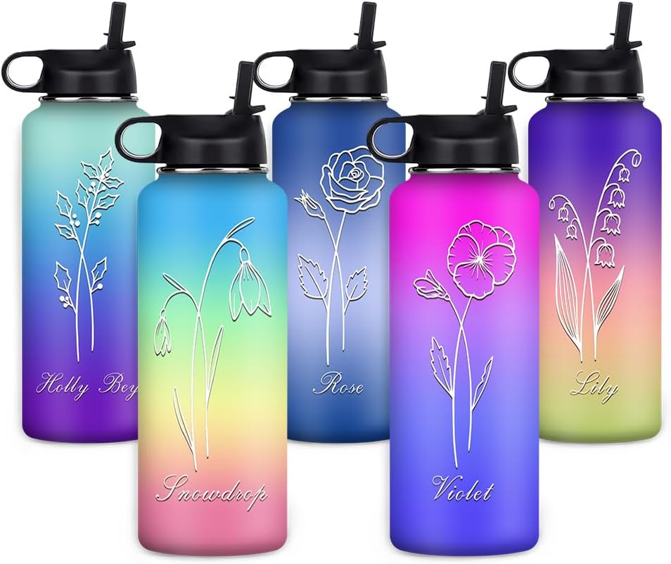 Botellas de agua personalizadas para niños, amigos, mes de nacimiento, flores, nombre personalizado, botella de agua aislada deportiva con pajilla,