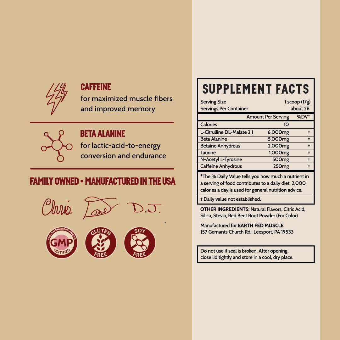 Earth Fed Muscle Stammpede DragoFruit Punch Pre entrenamiento, 30 porciones, aumenta la energía, aumenta la resistencia y el enfoque, beta-alanina,