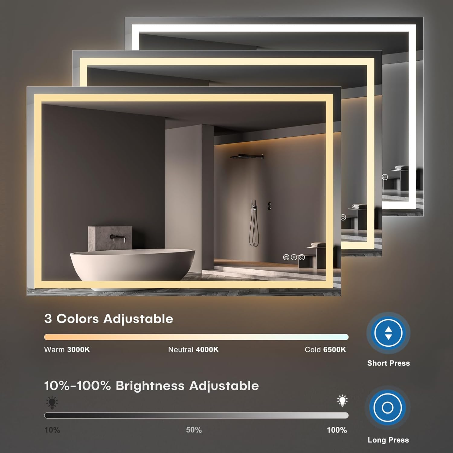 Dripex Espejo de baño LED de 48 x 32 pulgadas, espejo de maquillaje antivaho montado en la pared con 3 luces de color, espejo LED impermeable