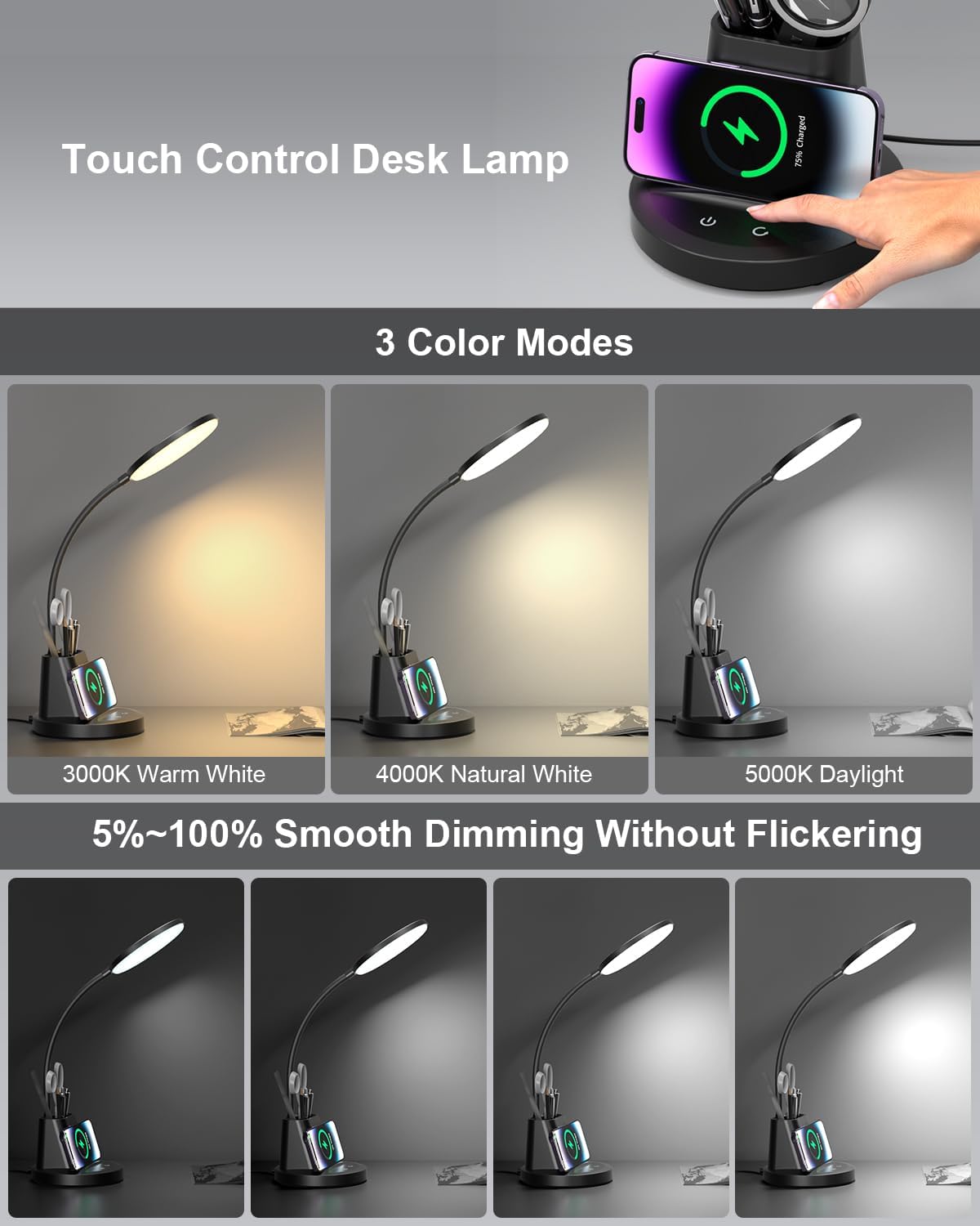 GOLSPARK Lámpara de escritorio con cargador inalámbrico para oficina en casa, lámpara de lectura que cuida los ojos, 3 modos de color, lámpara de