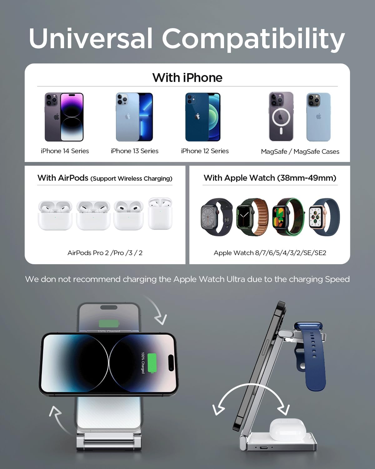 Hohosb – Estación de carga magnética, 3 en 1, plegable, de aleación de zinc, cargador inalámbrico compatible con cargador Magsafe para iPhone