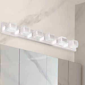Ensenior Lámparas de baño, luces LED regulables sobre el espejo, CRI 90, luz diurna de 5000 K, acero inoxidable acrílico, 6 luces para tocador Ensenior Lámparas de baño, luces LED regulables sobre el espejo, CRI 90, luz diurna de 5000 K, acero inoxidable acrílico, 6 luces para tocador