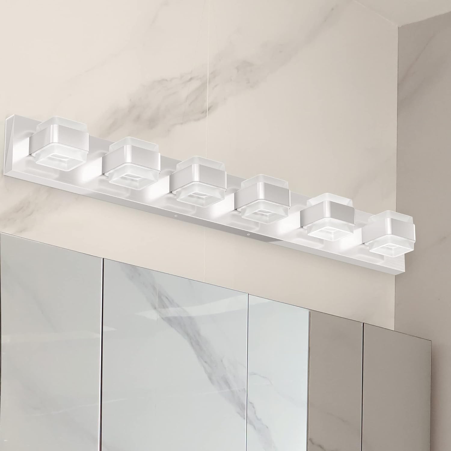 Ensenior Lámparas de baño, luces LED regulables sobre el espejo, CRI 90, luz diurna de 5000 K, acero inoxidable acrílico, 6 luces para tocador