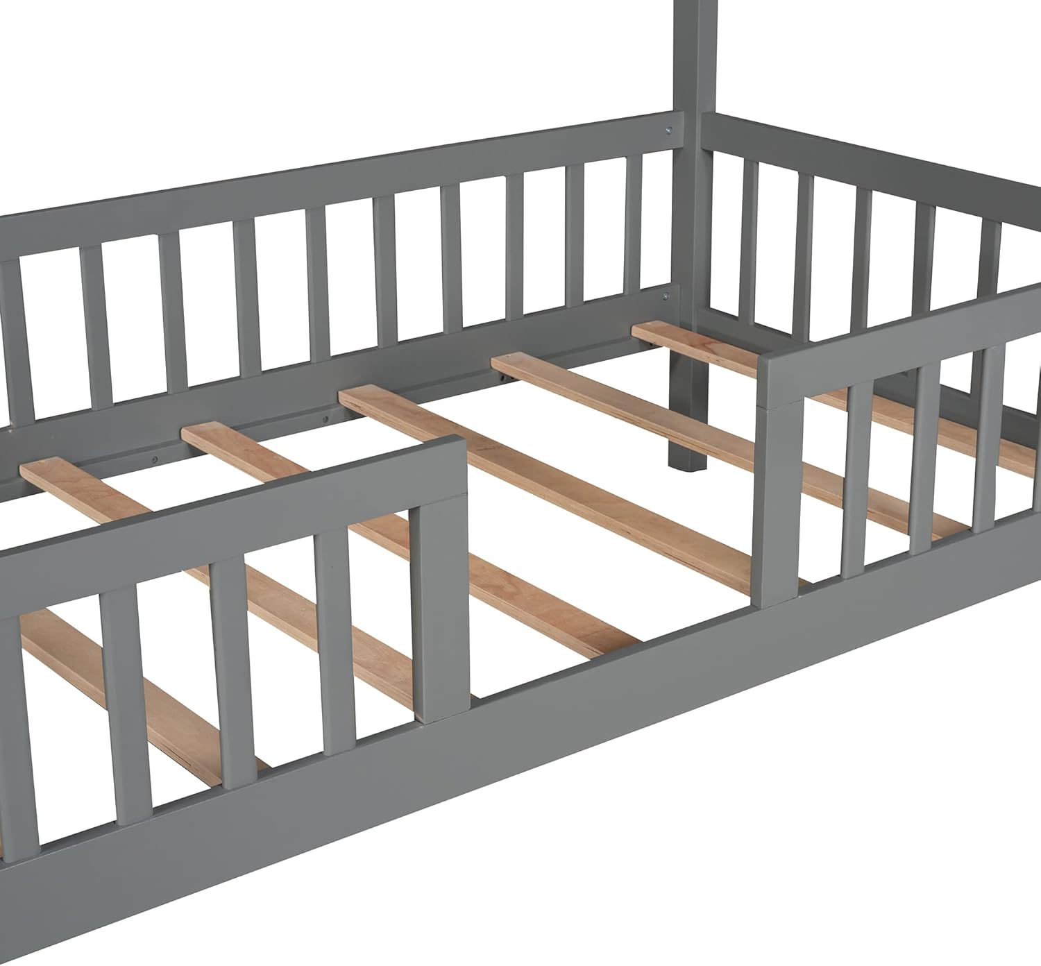 SOFTSEA Cama de casa individual con valla para niños y niñas, marco de cama de madera, muebles de dormitorio, gris