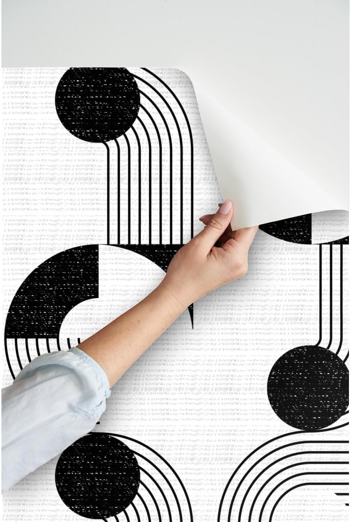 Spoonflower Peel & Stick Wallpaper Swatch – Bauhaus Noodle Bowl Medium Scale Black White Circles Modern Geometric Dots Graphic Custom Removable