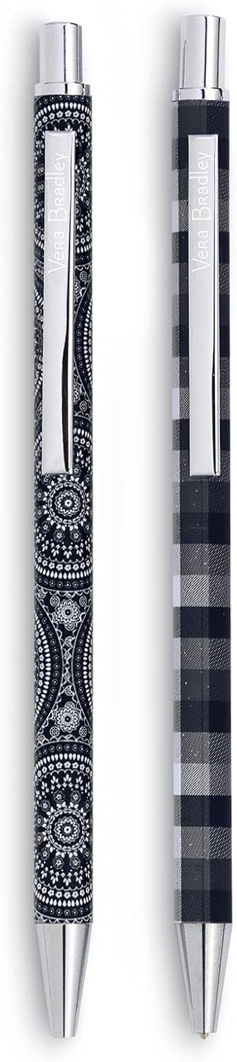 Vera Bradley Juego de bolígrafo y lápiz de metal, bolígrafo de tinta negra, lápiz mecánico con punta de borrador, medallón bandana
