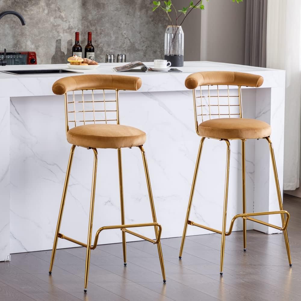Juego de 2 taburetes altos de terciopelo de lujo con patas de metal y respaldo suave, sillas modernas de comedor sin brazos, taburetes de bar para
