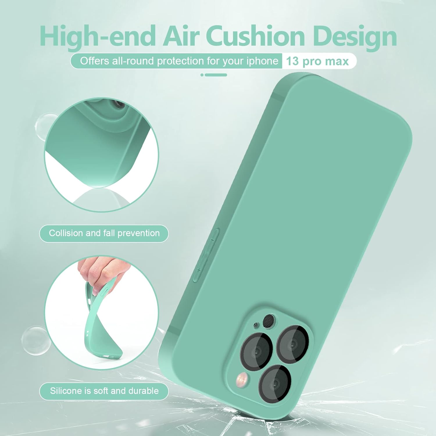YZR Funda de silicona compatible con iPhone 13 Pro Max (6.7 pulgadas 2021), con protección de cámara, funda de silicona líquida para teléfono (cian
