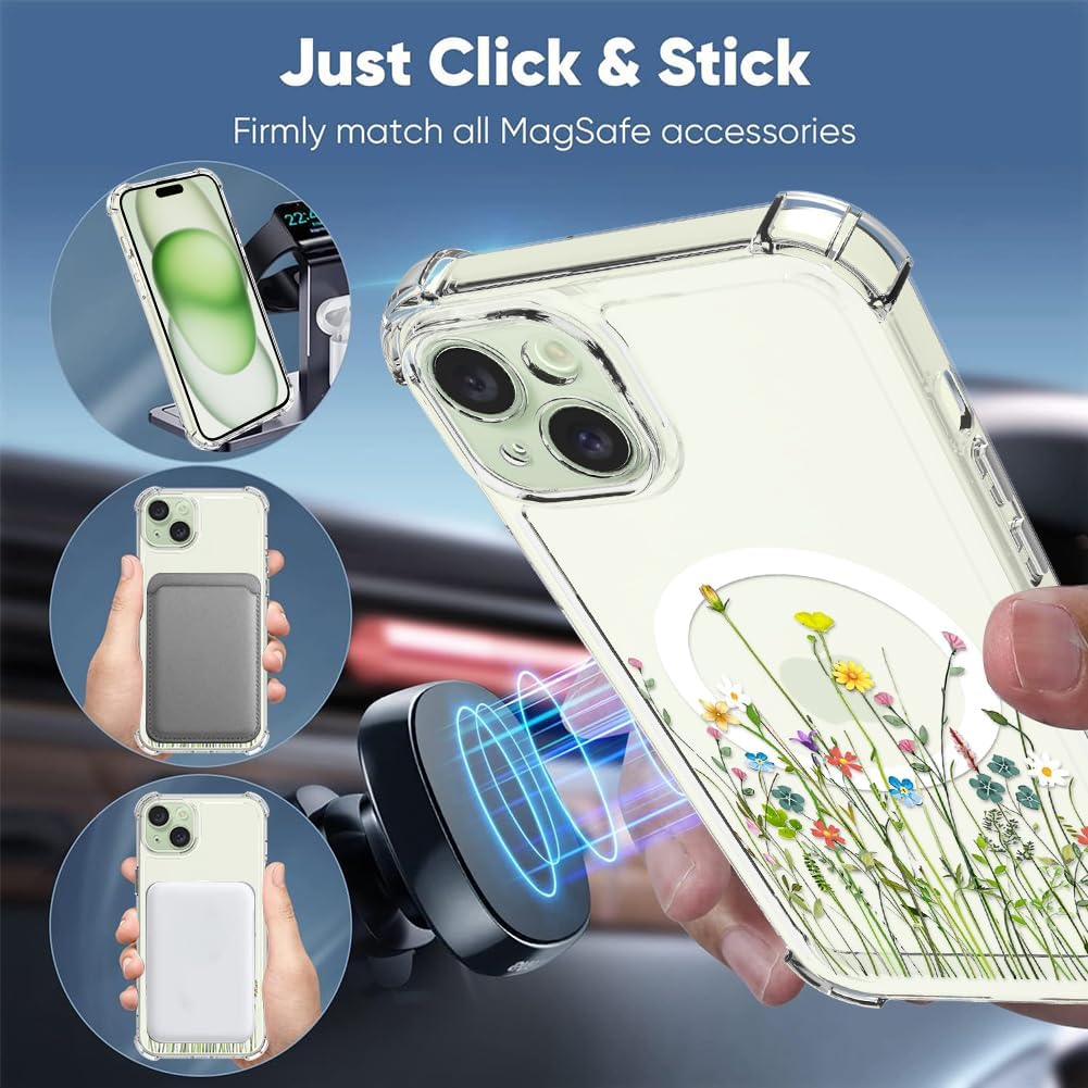 OOK Funda magnética para iPhone 15, diseño floral, transparente, compatible con MagSafe, funda protectora rígida de policarbonato para iPhone 15,