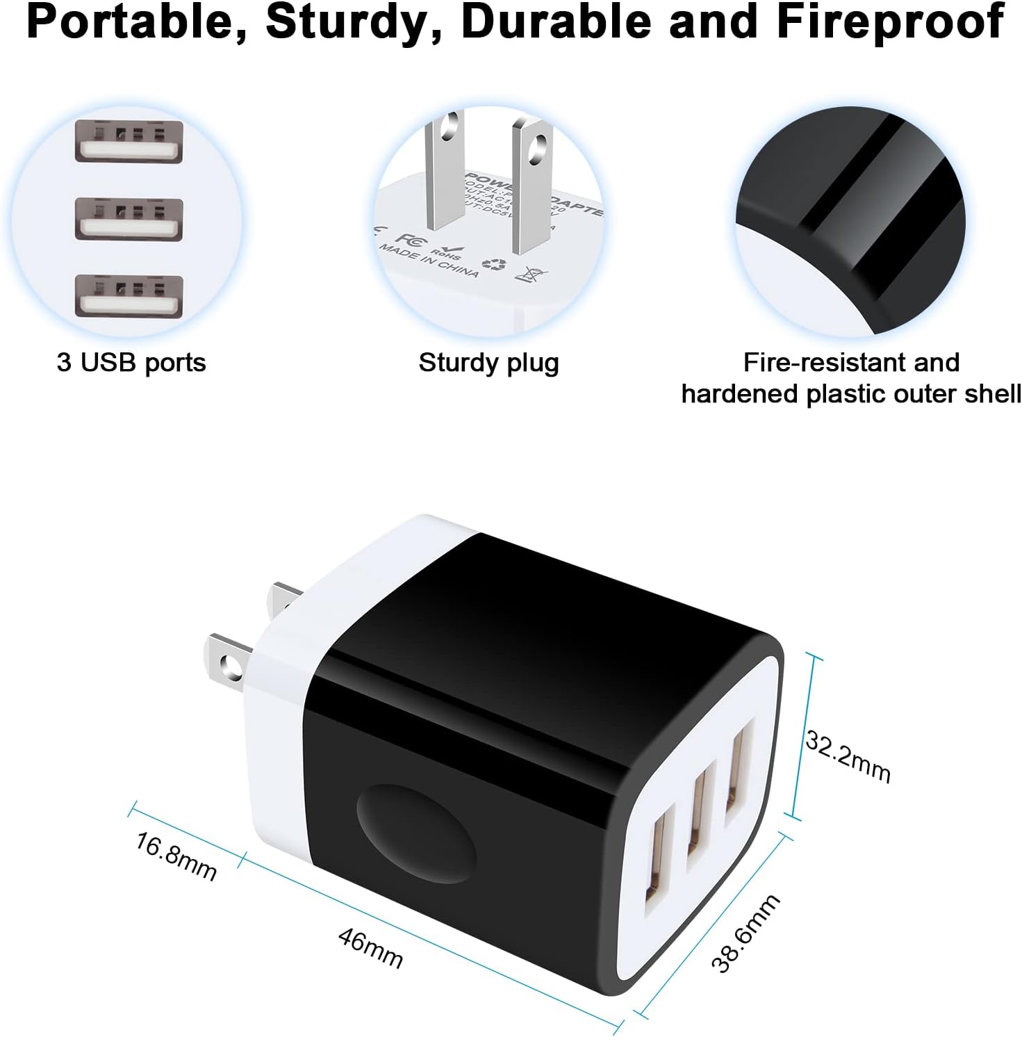 Cargador de pared USB, 18W 3Amp rápido múltiples puertos USB cargador de pared USB enchufe caja cargador bloque compatible iPhone