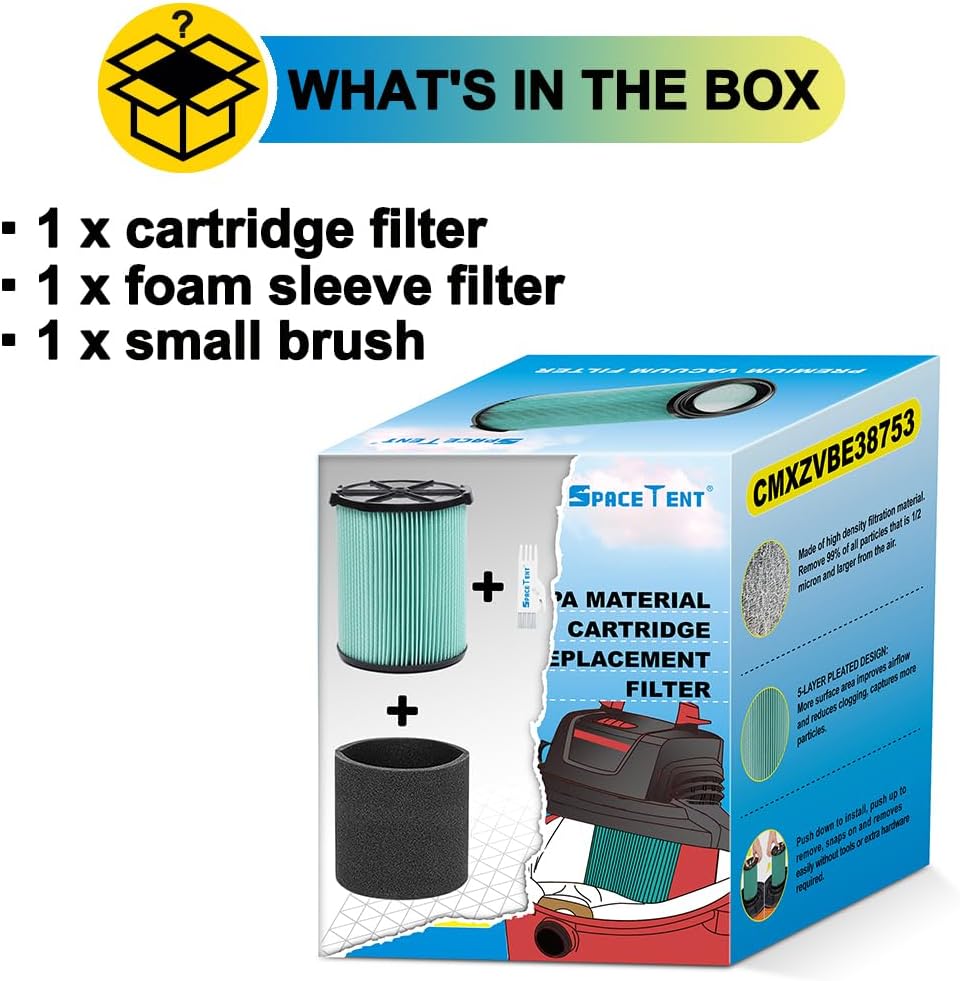 SpaceTent Paquete de 1 filtro de cartucho de repuesto HEPA CMXZVBE38753 para aspiradora CRAFTSMAN de 5 a 20 galones, parte # 9-38753, 38753