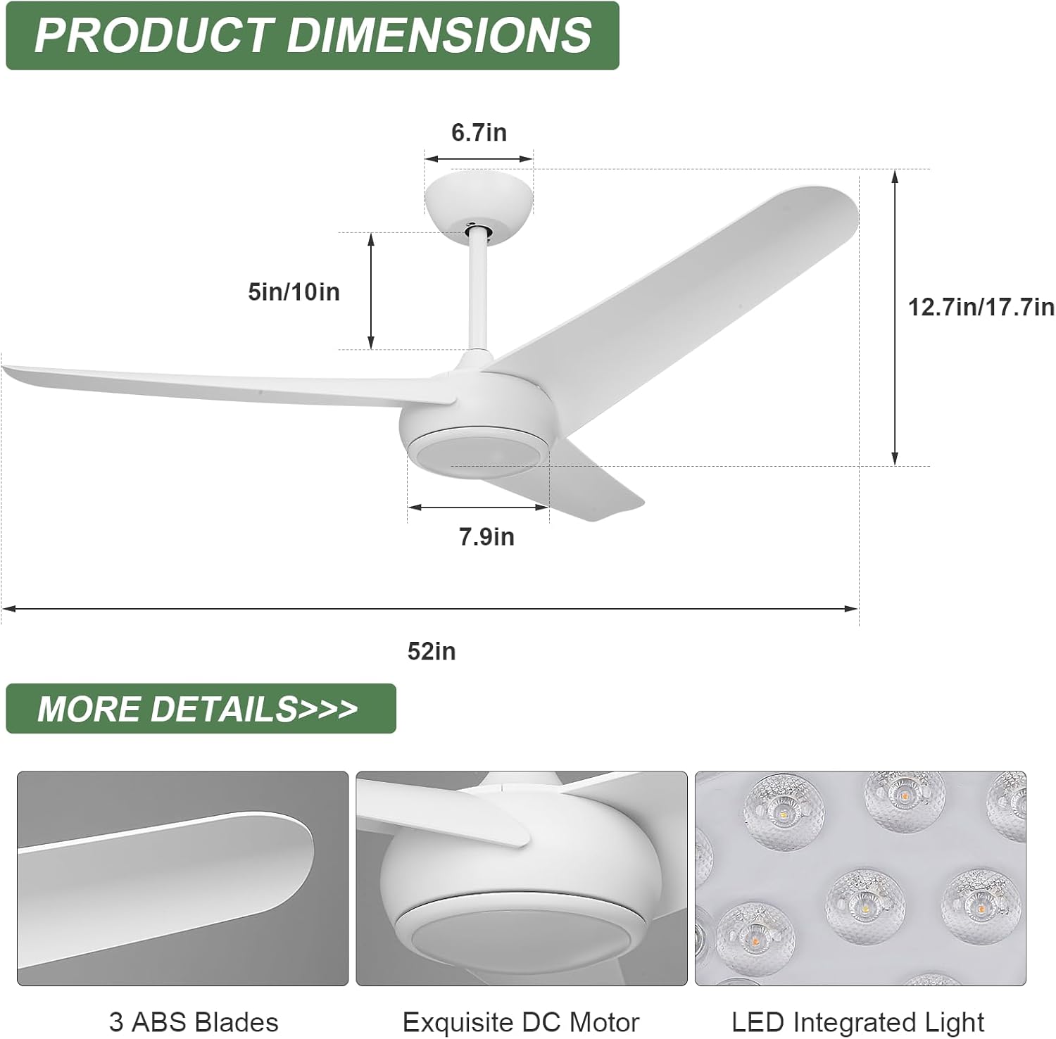 Ventilador de techo blanco con luz, ventilador de techo de 52 pulgadas con luz y control remoto, ventiladores de techo de 3 aspas, motor de CC