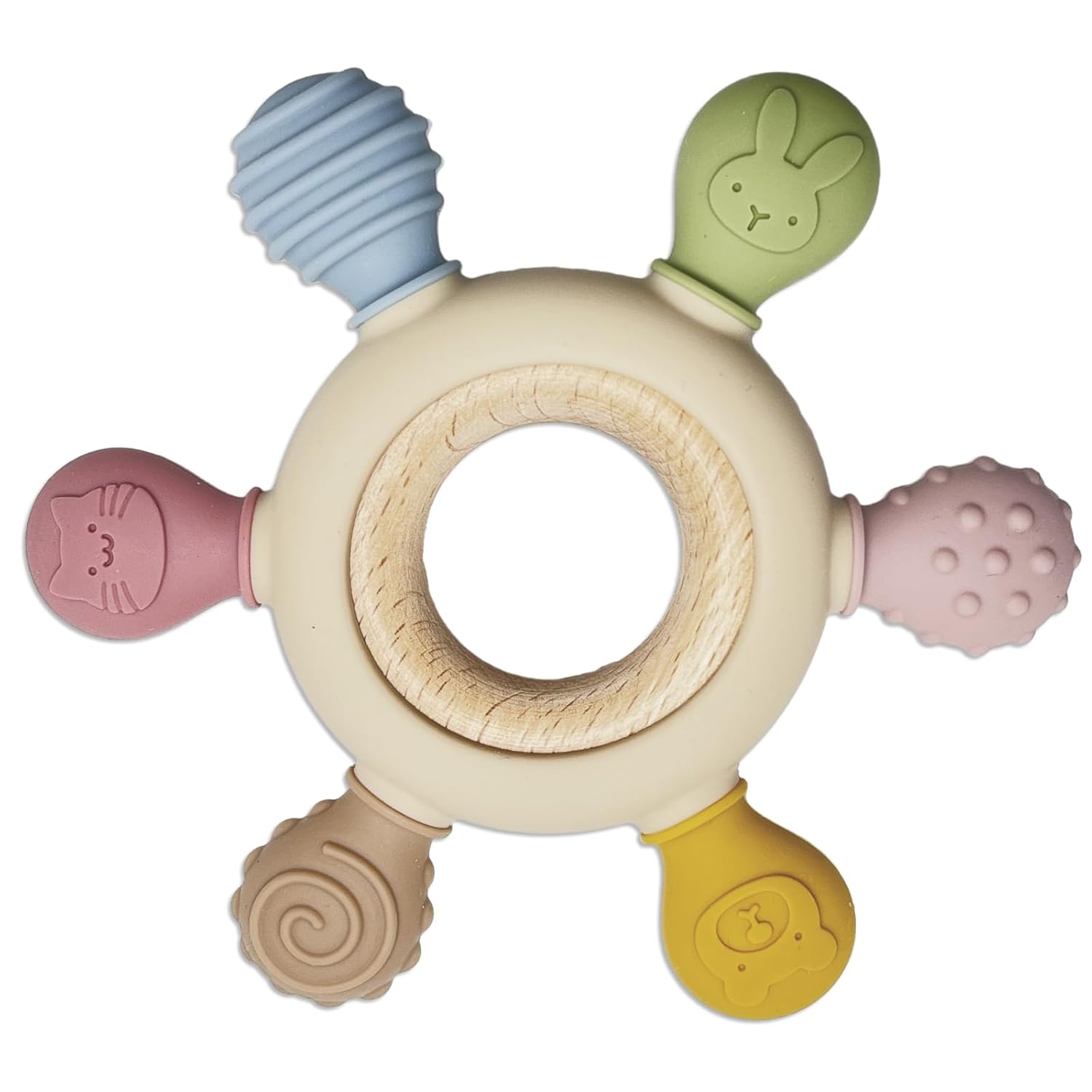 Juguetes de dentición de silicona, anillo de madera natural con cubierta de dentición de silicona, juguetes de dentición para bebés de 0 a 6 meses,