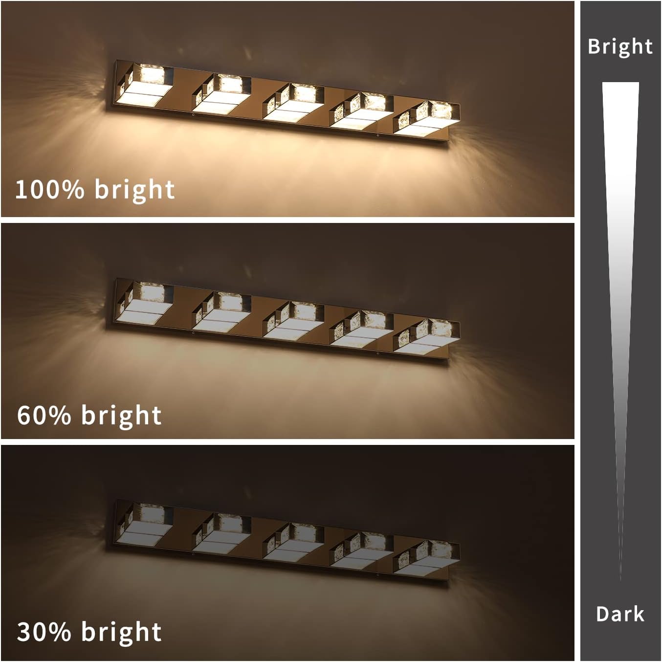 Joossnwell Lámpara de tocador de baño regulable, 5 luces, moderna iluminación LED de cristal para baño, lámpara de pared sobre espejo, 35.4 pulgadas