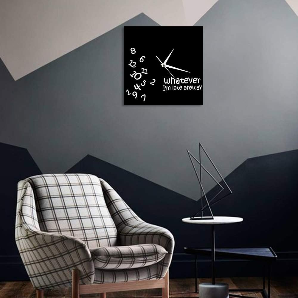 Whatever I’m Late Anyway – Reloj de pared cuadrado con números revueltos, divertido, moderno, silencioso, sin tictac, reloj de pared colgante para