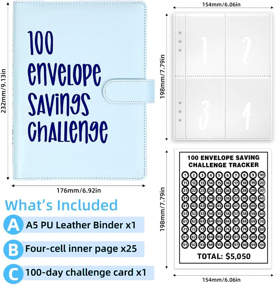 Carpeta de desafío de 100 sobres, manera fácil y divertida de ahorrar $5,050, libro de desafíos de ahorro, carpeta de libros de presupuesto, libro