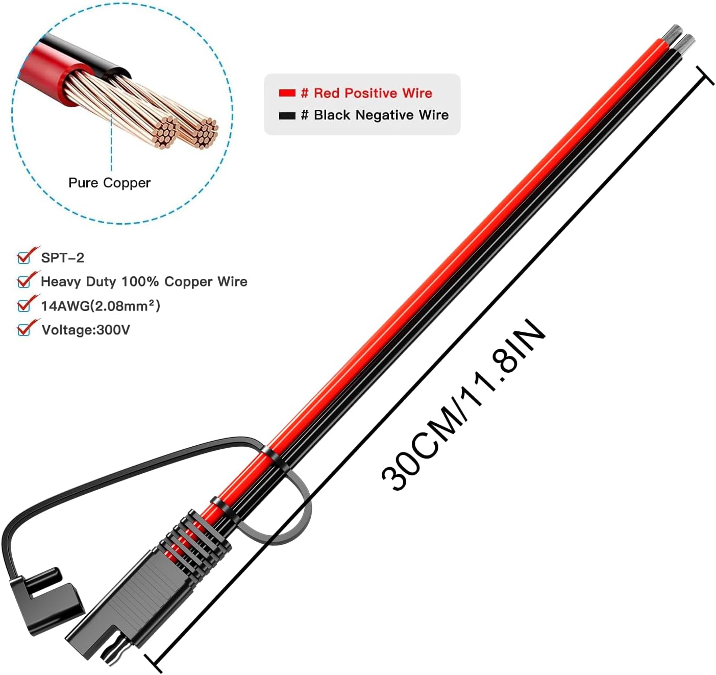 BERLAT – Paquete de 2 extensiones de cable solar, 14 Awg 11.8 in, extensión de corriente continua automotriz para conexión y transferencia de