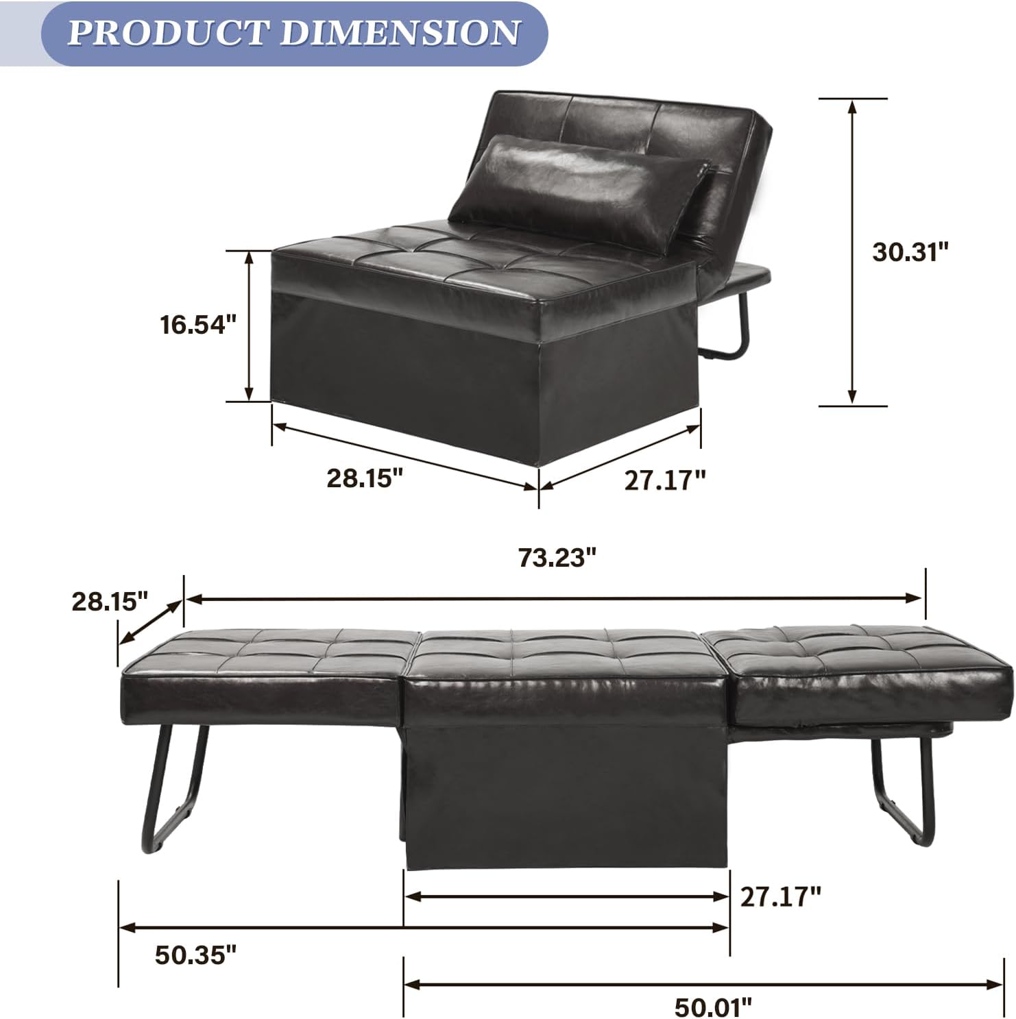 Saemoza – Sofá cama de cuero, cama otomana plegable 4 en 1, silla convertible moderna con respaldo ajustable, elegante sofá cama de piel sintética
