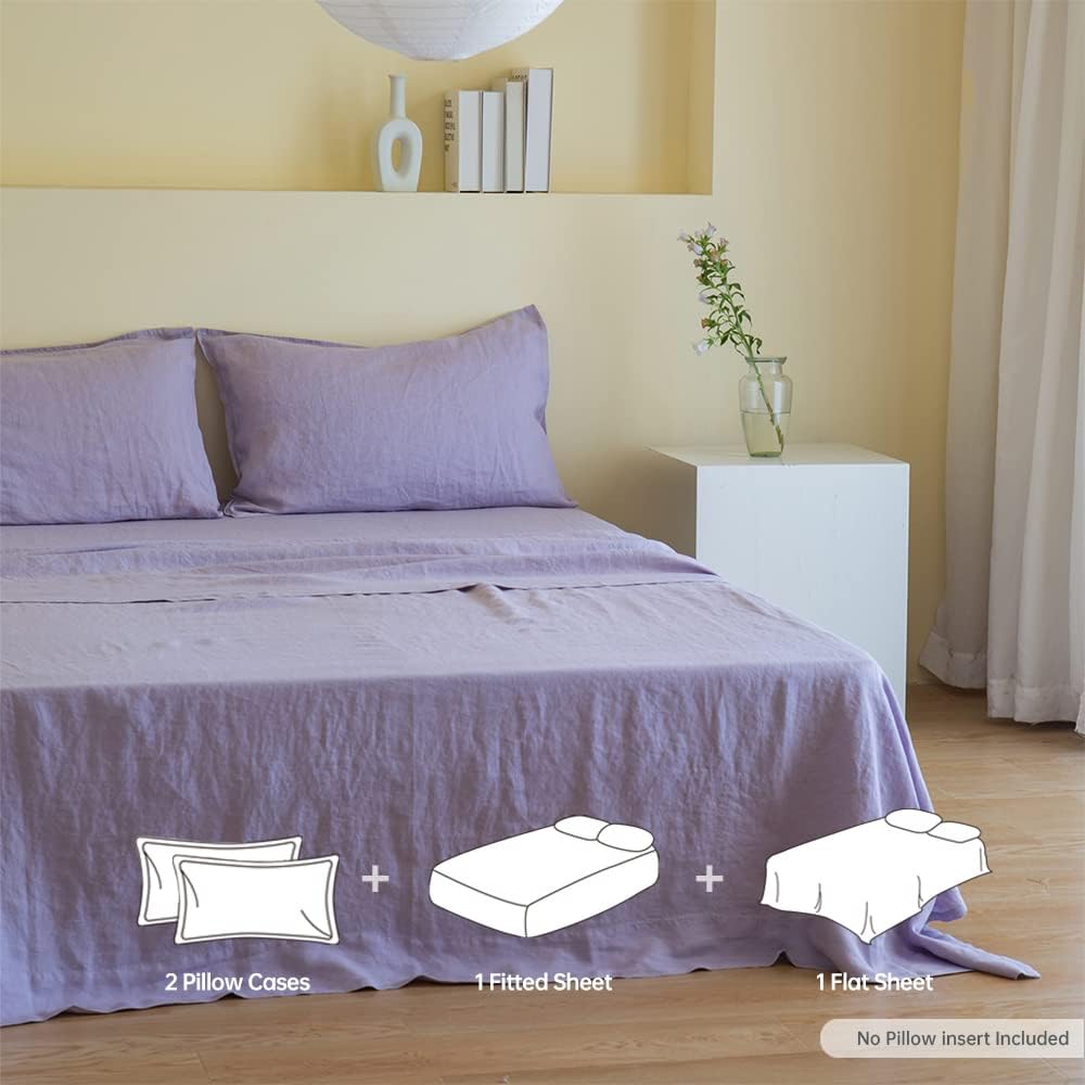 Simple&Opulence Juego de sábanas de 100 % lino liso, 4 piezas de lino francés lavado, juego de ropa de cama transpirable, 1 sábana encimera, 1