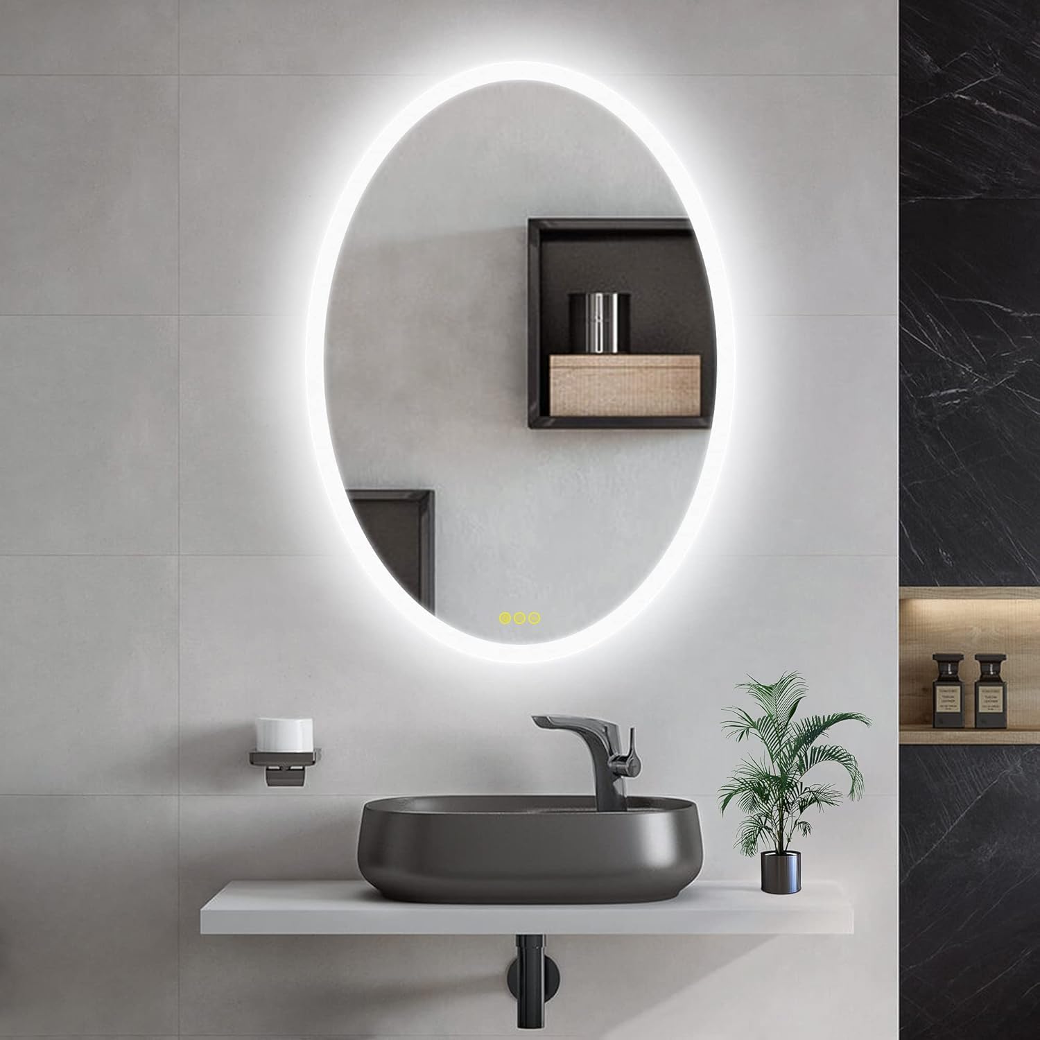 CITYMODA Espejo LED ovalado de baño de 20 x 28 pulgadas, espejo ovalado iluminado de 3 colores, espejo LED regulable para baño, antiniebla, montado