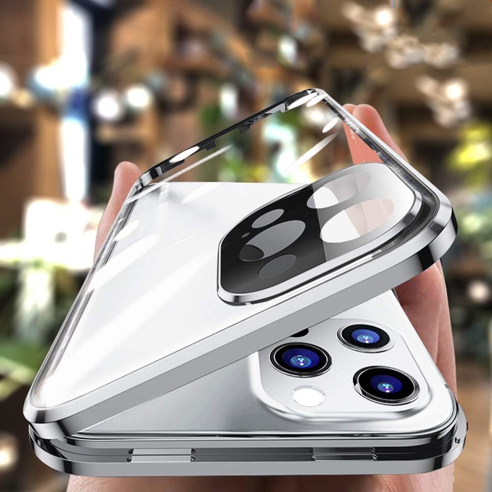 HENGHUI Funda magnética con cerradura para iPhone 13 Pro, funda de vidrio con protector de lente de cámara, protector de pantalla, bloqueo de