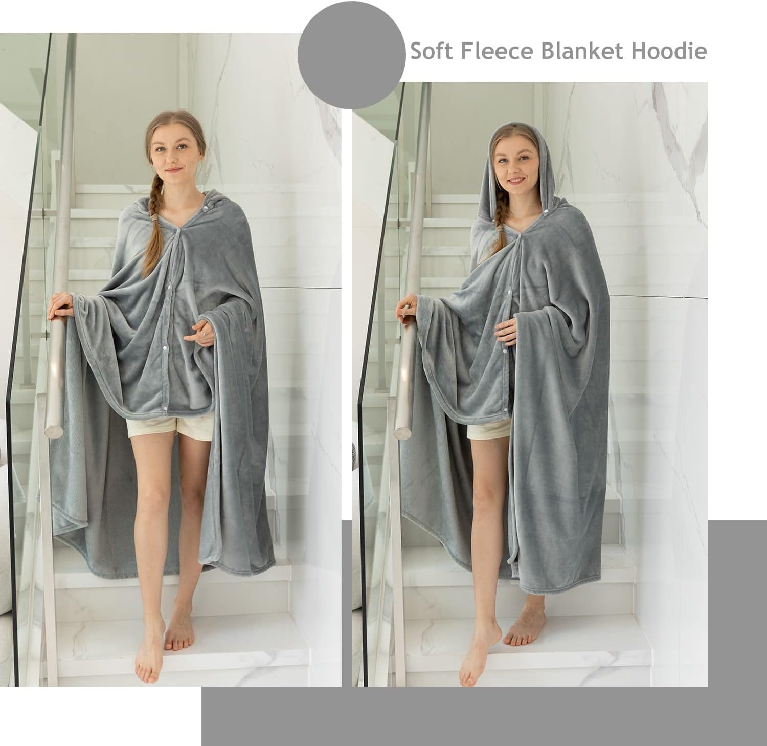 NANPIPER Manta de gran tamaño con capucha para mujer, manta suave y mullida, microfibra de forro polar de felpa cálida, 65 x 80 pulgadas, gris claro