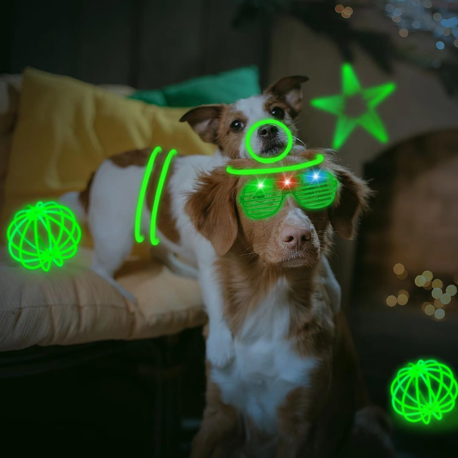 115 piezas de suministros de fiesta que brillan en la oscuridad, 100 collares verdes brillantes a granel, 15 lentes LED para el 4 de julio, juguete