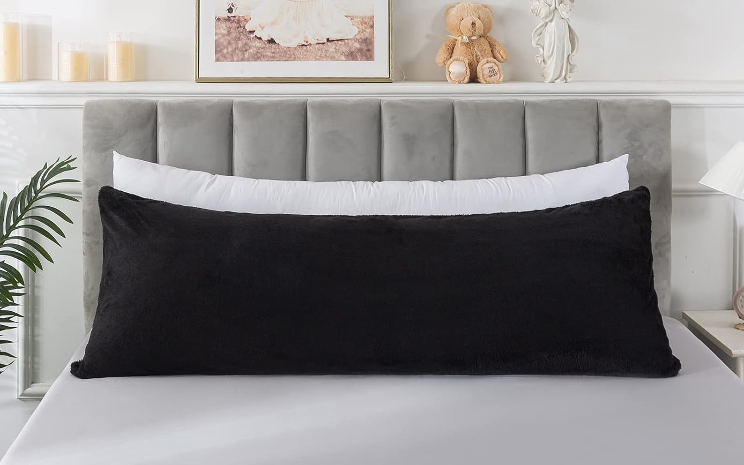 Almohadas de cuerpo negro Sherpa para adultos, funda de almohada corporal ultra suave con cierre de sobre, funda de almohada corporal mullida de 21