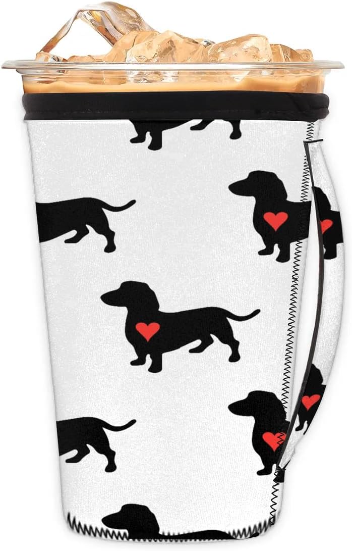 Funda de café helado con asa para perro animal, lindo corazón salchicha, reutilizable, de neopreno, con aislamiento, para bebidas frías, bebidas, 30