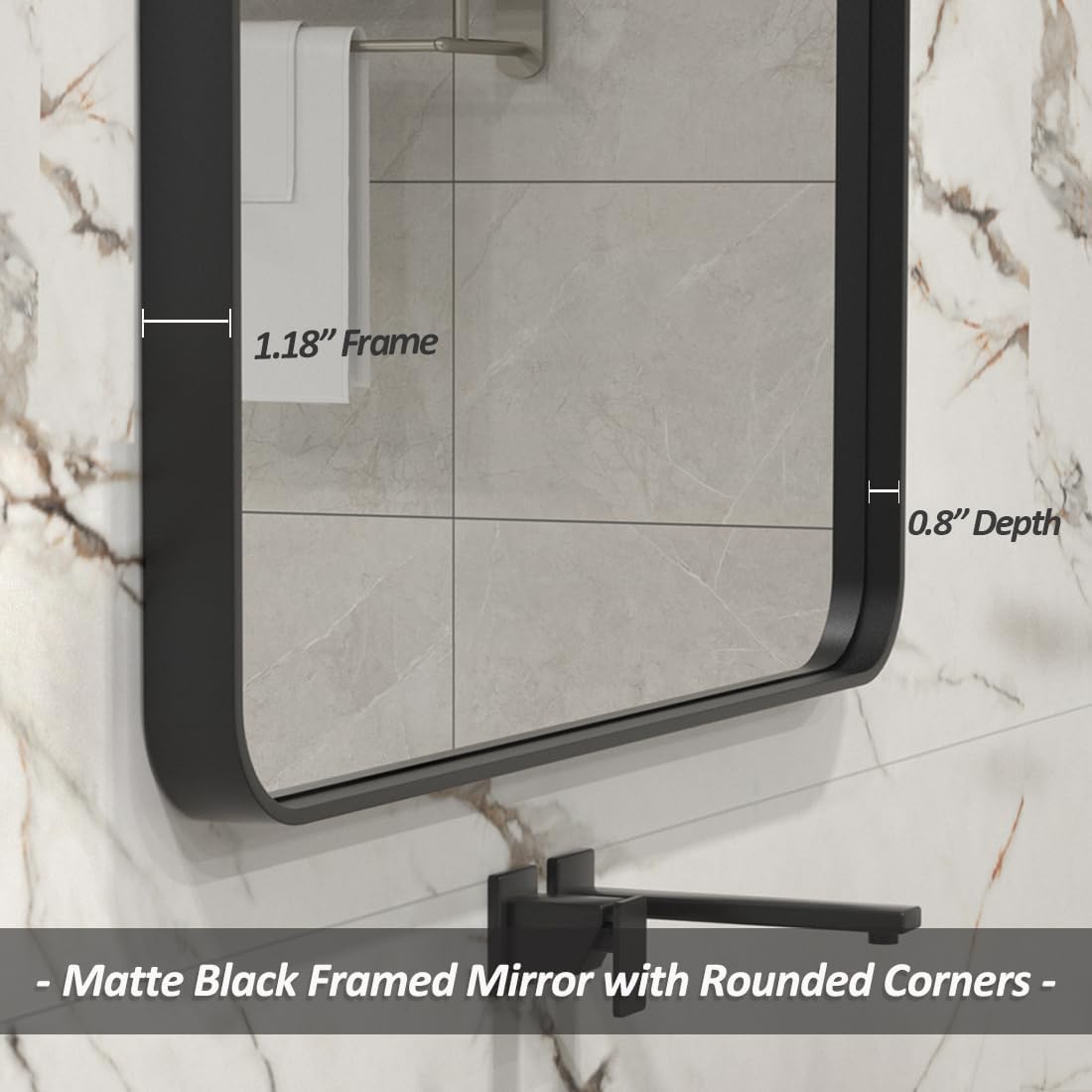 Espejo de baño negro mate de 22 x 30 pulgadas, espejos rectangulares modernos con marco de metal para pared, esquinas redondeadas