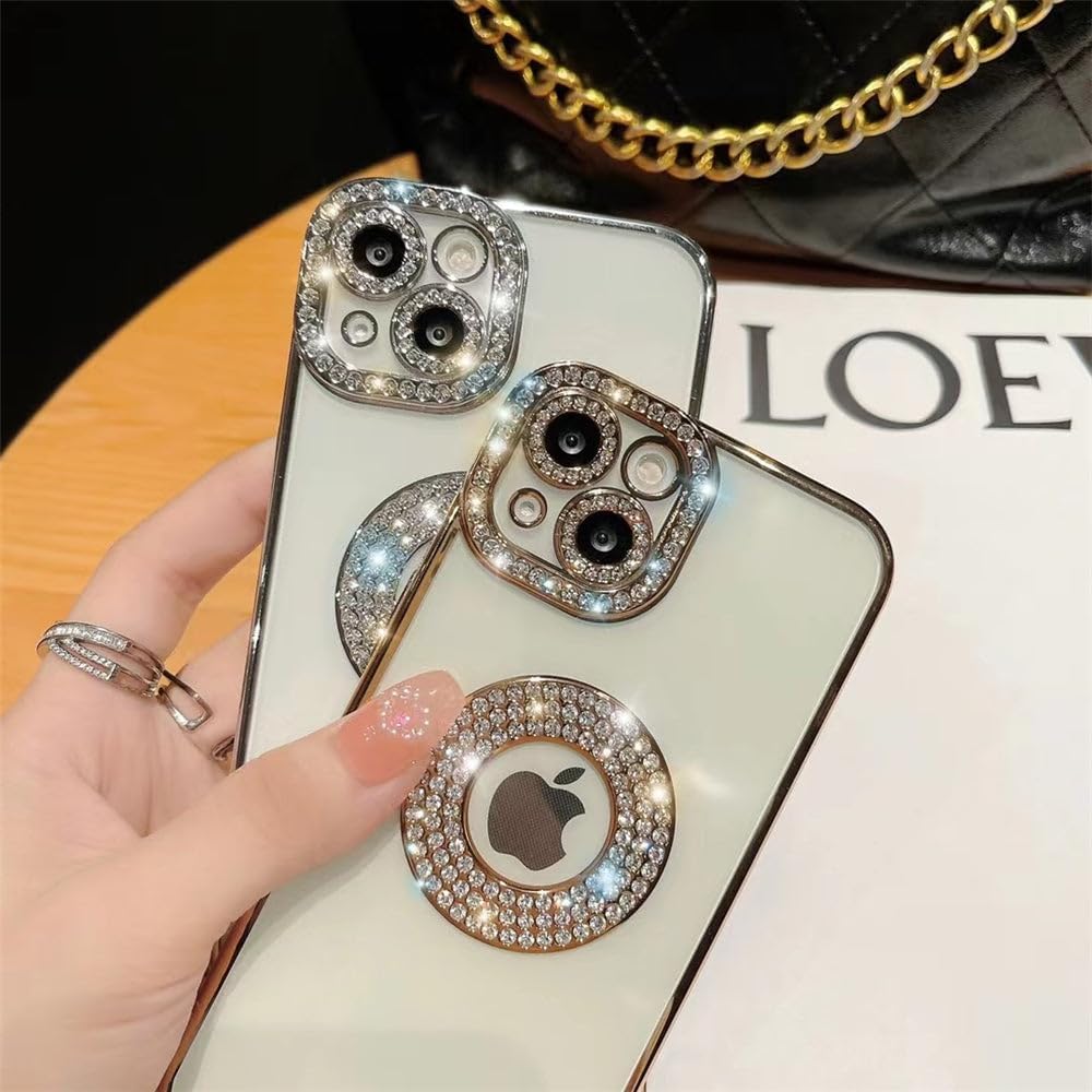 Casechics Funda compatible con iPhone, funda de lujo con purpurina brillante con diamantes de imitación y protección de lente de cámara,