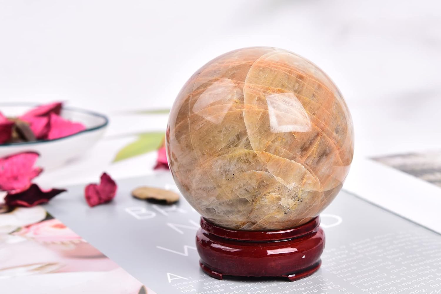 AMOYSTONE Bola de cristal grande de piedra lunar naranja natural, bola de cristales curativos, bola de adivinación de piedra pulida, bola decorativa