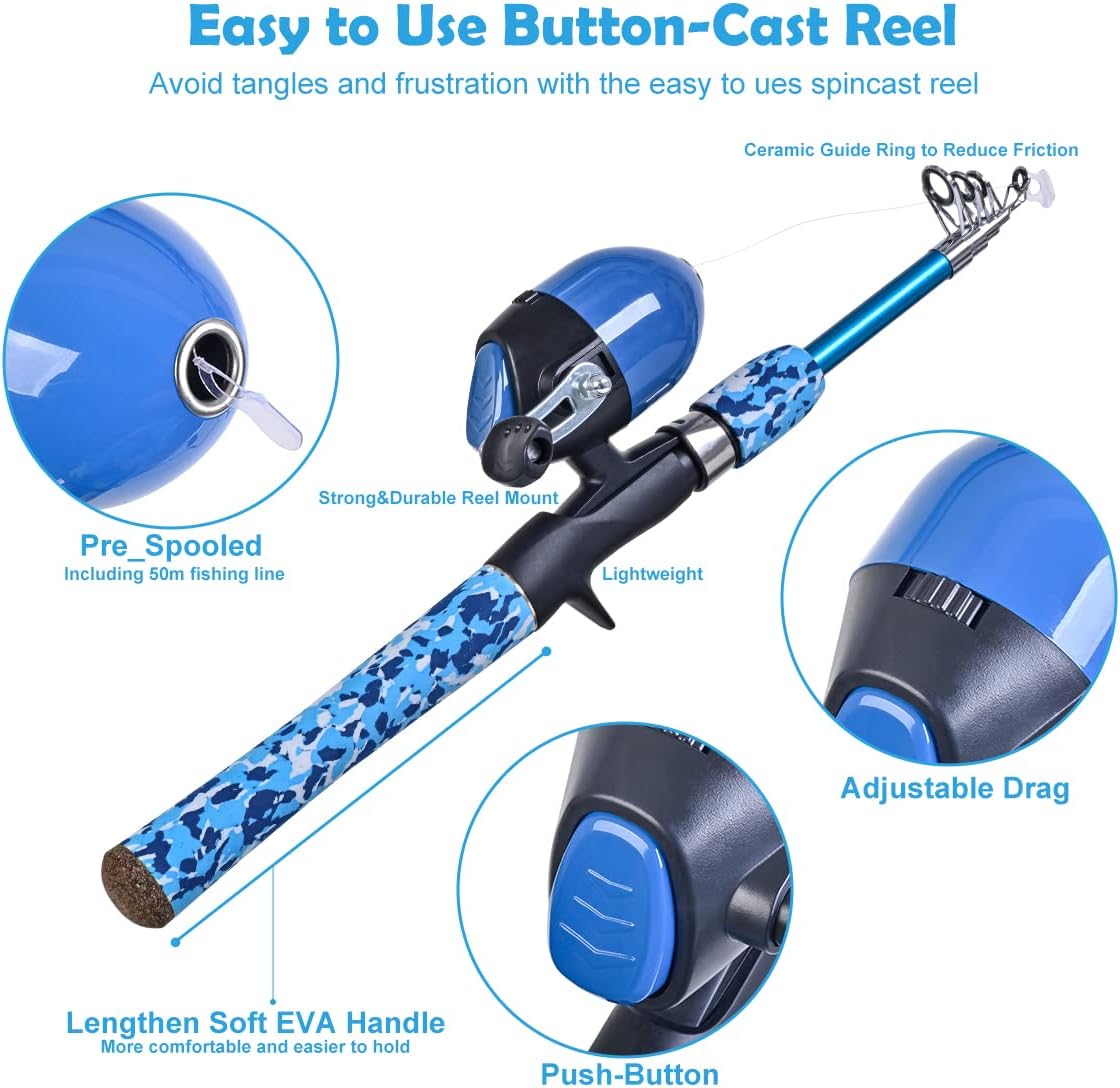 CODEK Kids Fishing Pole Set with Full Starter Kits 2 Set Portable Telescopic Fishing Rod and Spincast Reel Cambos with a Fishing Net and 2 Buckets