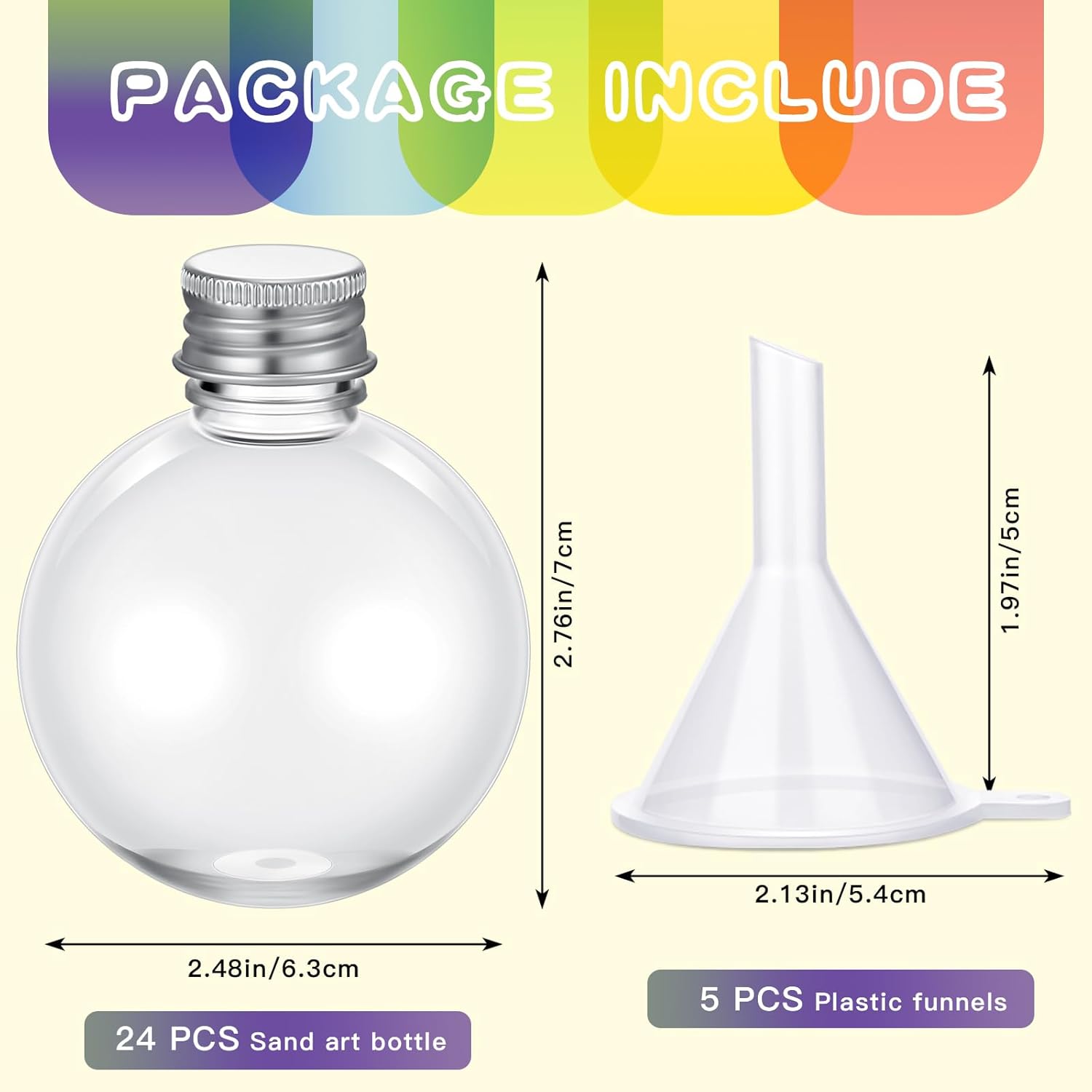24 botellas esféricas de plástico con forma de bola, botellas redondas de arena de 3.4 onzas con 5 embudos, botella decorativa para dulces para San