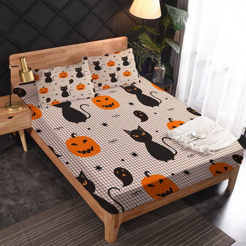 Juego de sábanas California King  Sábanas de calabaza de Halloween, sábanas y fundas de almohada de gato negro y fantasma, bolsillo suave y
