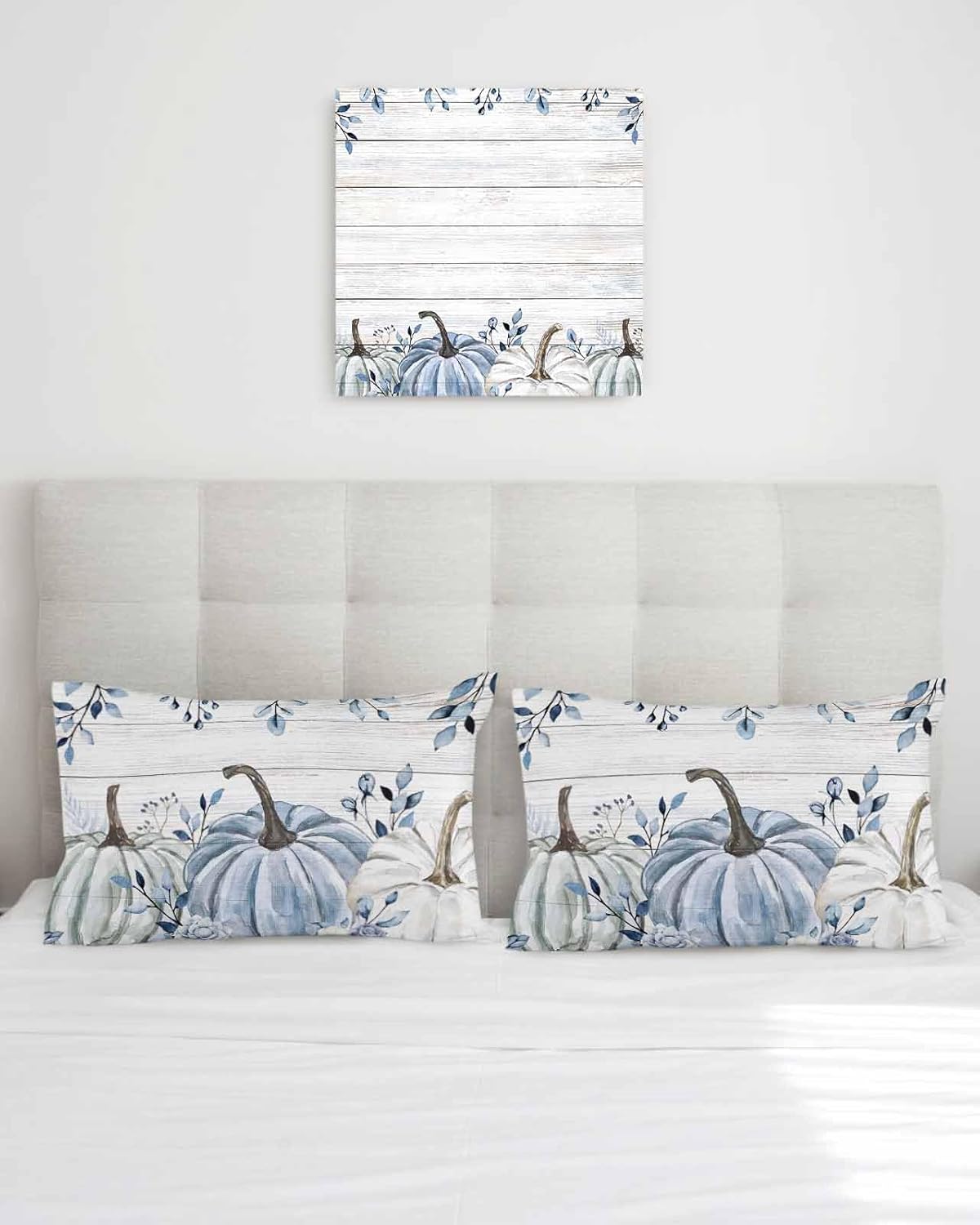 Cotton Throw Pillow Covers Reversible Set of 2, Pumpkin Blue Tree Leaves Floral Fall Soft Couch Pillow Covers for Sofa Bedroom Living Room 12 x 20