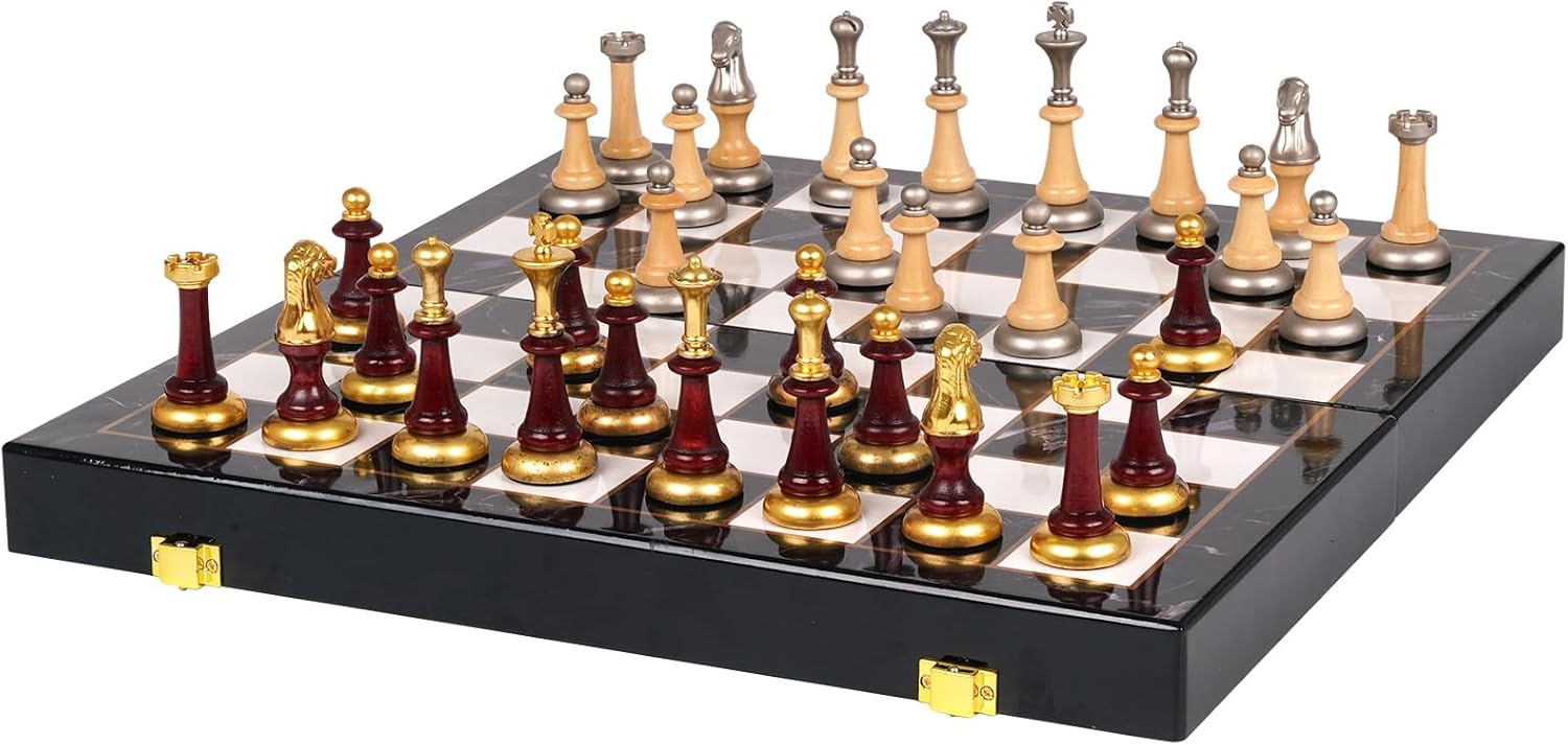 Juego de ajedrez de madera+metal para adultos y niños – Tablero de ajedrez de mármol con piezas de ajedrez – Juegos de ajedrez de viaje portátiles