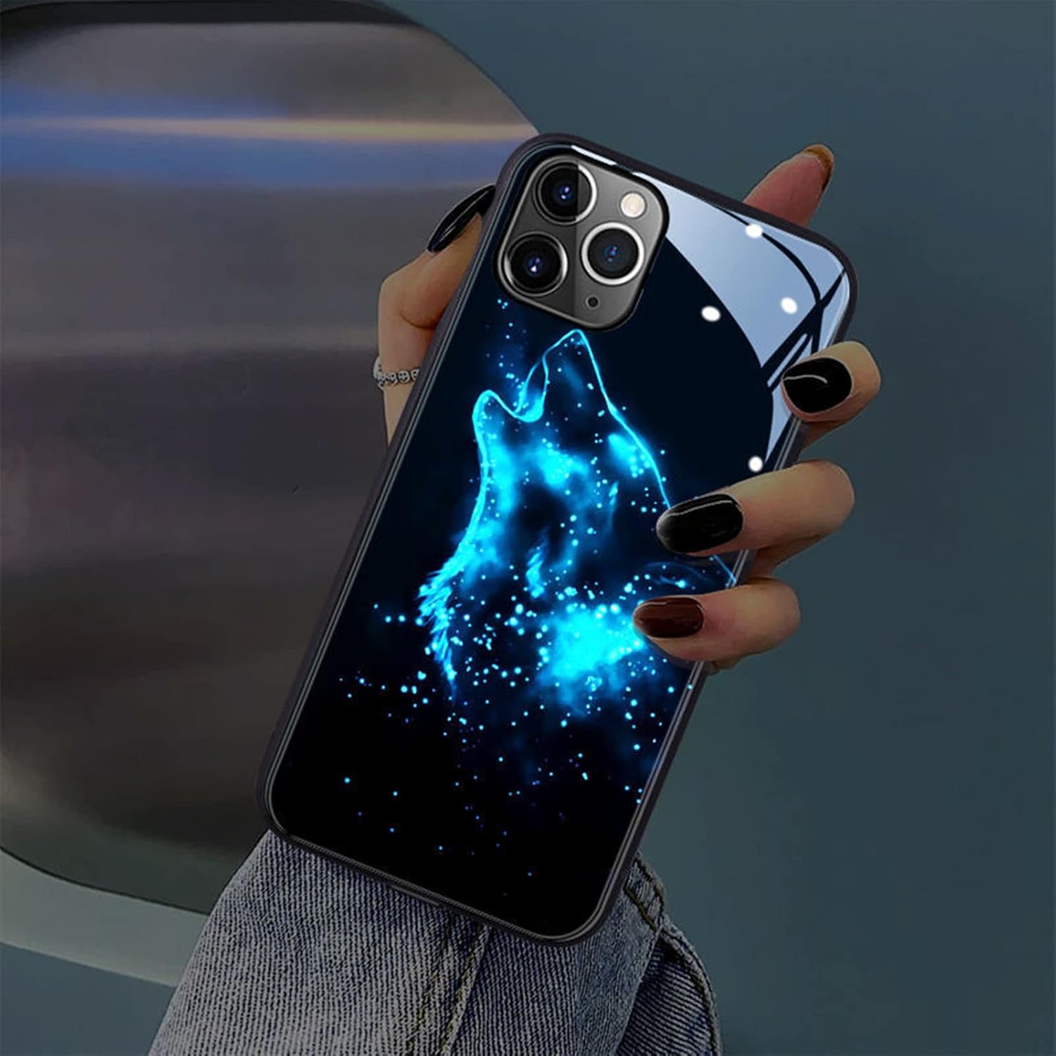 Funda con luz LED compatible con iPhone 12ProMax, cubierta trasera de vidrio templado brillante a prueba de golpes, para mujeres geniales y hombres