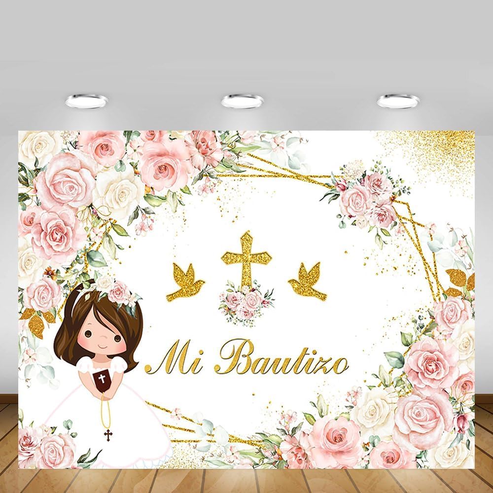 MEHOFOND Telón de fondo bohemio de 8 x 6 pies para bautizo con texto en inglés Mi Bautizo y Dios bendiga para la primera comunión, decoración de