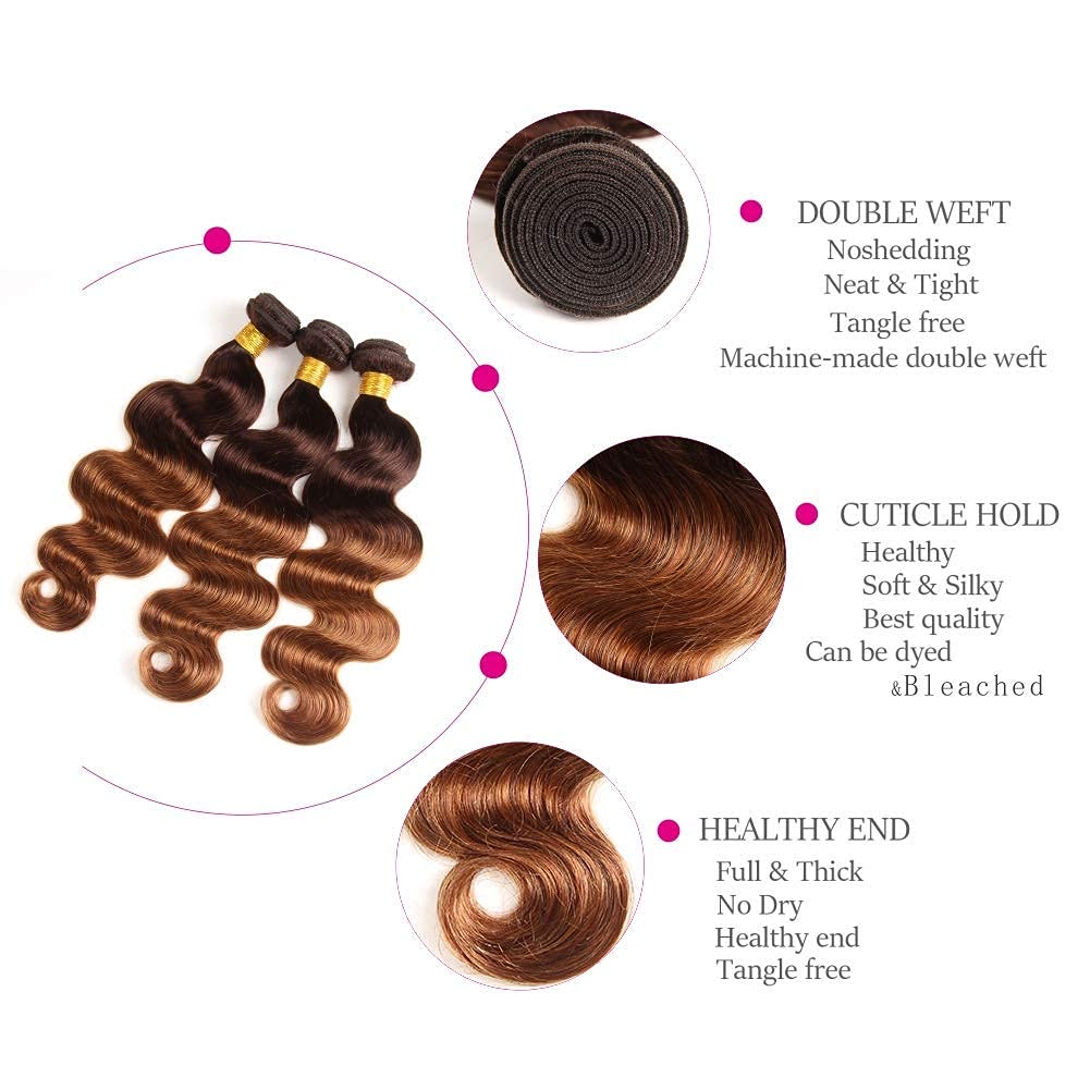 Paquetes de cabello humano ondulado con cierre, cabello humano de 2 tonos degradados, 3 paquetes con cierre de encaje 4×4, paquete de cabello humano